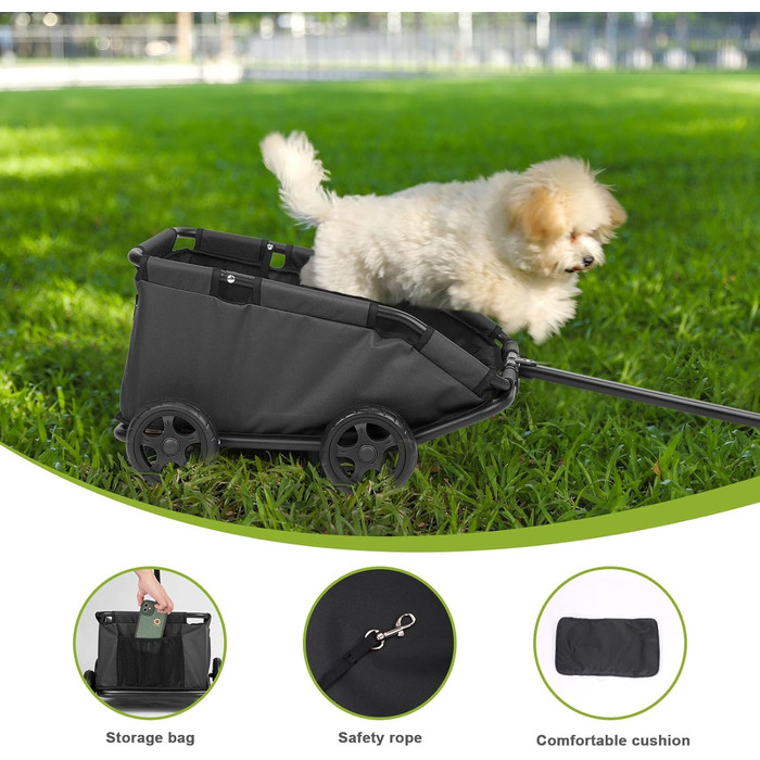 Міні-візок для маленьких домашніх тварин, складний багатофункціональний візок для покупок з висувним ручкою, для прогулянок на вулиці, з вбудованим матрацом та страхувальним тросом, з кишенькою для зберігання (Чорний)
