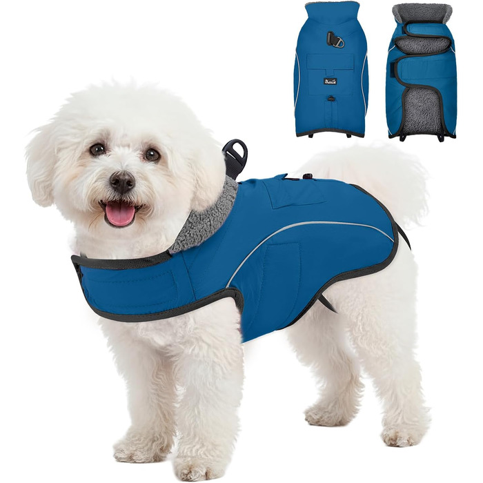 Зимовий теплий жилет для собак середніх порід, водовідштовхуючий та вітрозахисний, з флісовою підкладкою, D-кільцем та кишенею, з світловідбиваючими елементами, синій (S)