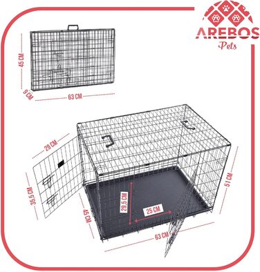 Складаний металевий вольєр для собак AREBOS 63x45x51 см, чорний, для авто та дому, з 2 дверима, з ковдрою і мискою