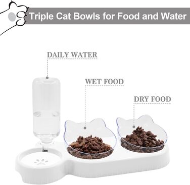 Набір мисок для котів та собак 2 в 1 з диспенсером для води, ковзаючою підкладкою та лопаткою. Нахил 15°, миски для сухого та вологого корму, білий колір