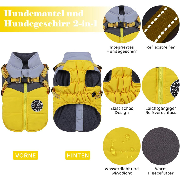 Водонепроникний зимовий одяг для собак Savlot: тепла куртка та вітрозахисний костюм для маленьких та середніх собак з шлейкою. Відображаючий дизайн (L, жовтий + сірий)