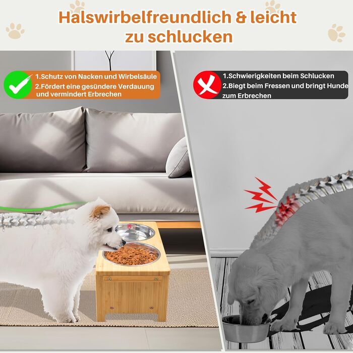 Підвищені годівниці для собак HTB, бамбук, 2 нержавіючі миски, 44x24x18 см, 18 см висота, для собак середніх та великих порід