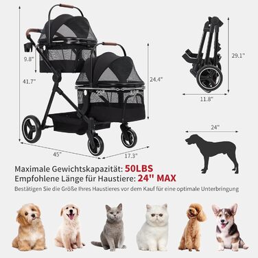 Складаний візок для собак та візок-буги для тварин до 15 кг, розкладний, з поводками безпеки, сітковими віконцями та місцем для зберігання, ідеальний для подорожей та прогулянок (Чорний, Подвійний)