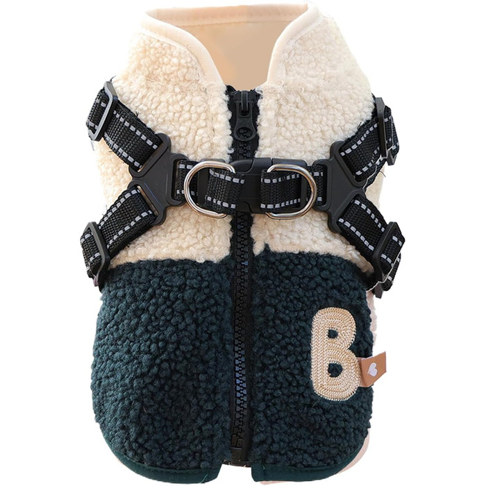 Тепла жилетка для собак з флісовою підкладкою та інтегрованим шлейкою, зручний зимовий одяг для малих та середніх тварин, зелено-білий колір