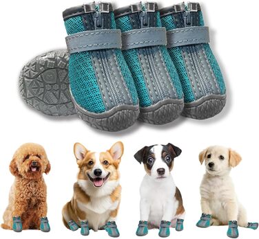 Взуття для собак, захист подушечок лап, Outdoor, 4 шт., з світловідбиваючим кріпленням, дихаючі собачі чоботи, регульований захист лап для маленьких та середніх собак (1, блакитний)