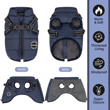 Зимова куртка для собак з нагрудником та гнучким поясом, захист від вітру та живота, світловідбиваюча жилетка для тварин з флісовою підкладкою, для маленьких собак (Темно-синій, XL)