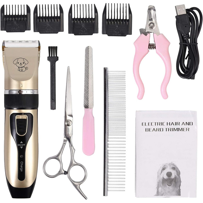 eSynic Професійна машинка для стрижки котів та собак, триммер для лап, електрична машинка для грумінгу, 4 насадки