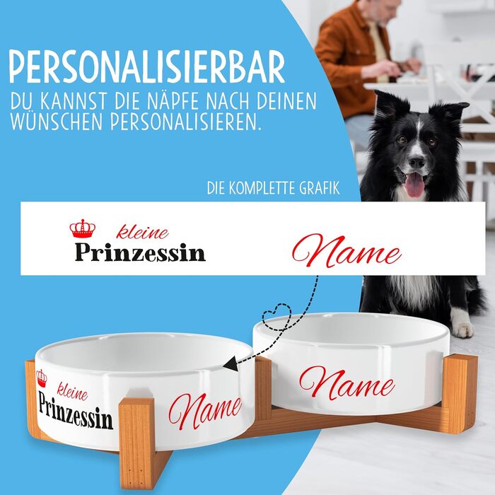 OWLBOOK Миска для собак з іменем, подвійна керамічна миска з бамбуковим підставкою, 300 мл