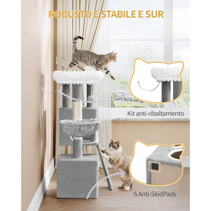 Кігтеточка для котів Hzuaneri, 98 см, з платформою, іграшками та кігтедраперами, сіра