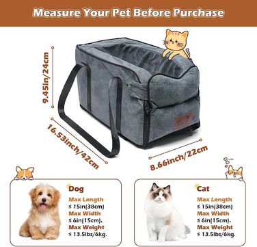 Автокрісло для собак та котів на середню консоль, стабільне, з ременем, знімний, миючий, для собак та котів до 6 кг (замша)