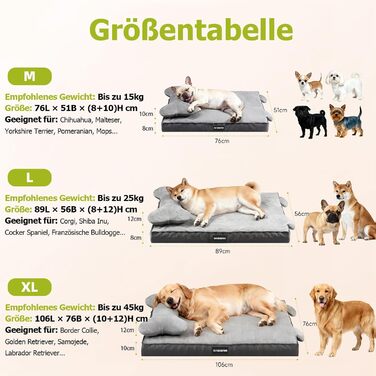 Ортопедичне собаче ліжко з миючим чохлом, водонепроникне собаче ліжко з піною з пам'яті та знімним підголовником для підтримки голови та суглобів, неслизьке собаче ліжко для середніх та великих собак XL: 106 x 76 x 22 см, сірий