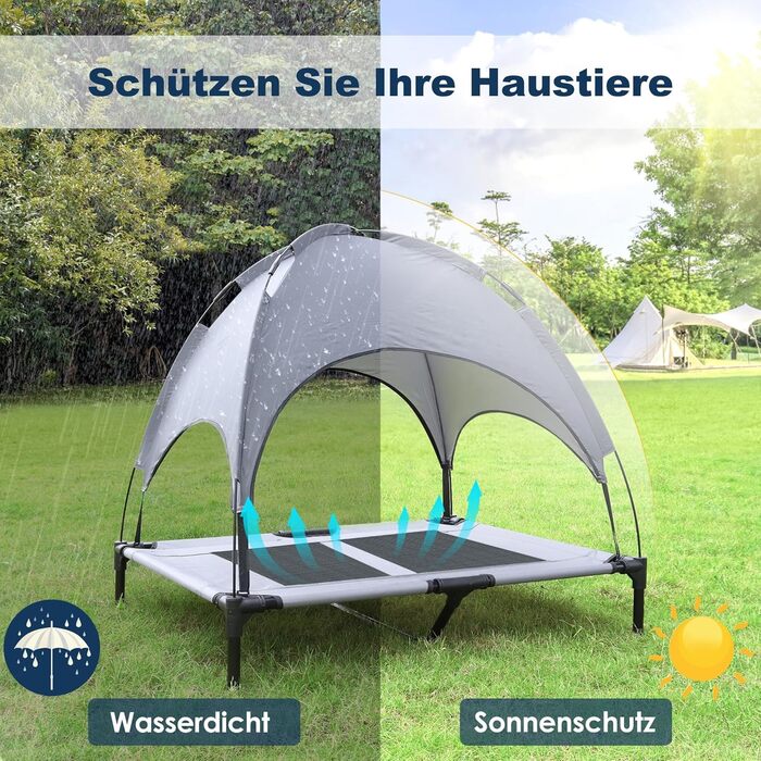 Підвищене ліжко для собак UISEBER 92x76x92 см, Outdoor, з дахом, до 50 кг, вологостійке, сіре + чорне【L】