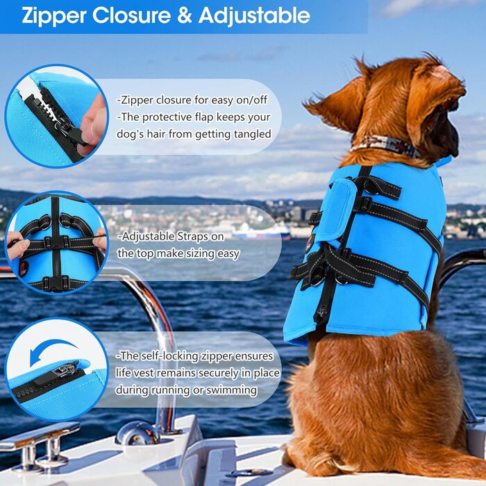 Жилет для плавання собак Dogcheer з блискавкою та рятувальним гачком, Ripstop жилет для цуценят з поплавком під підборіддя для плавання, регульований жилет для собак малих, середніх та великих розмірів (Small, Blue)