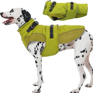 Водонепроникний зимовий теплий накид для собак великих порід з високим коміром, на шлейці, зелений (XL)