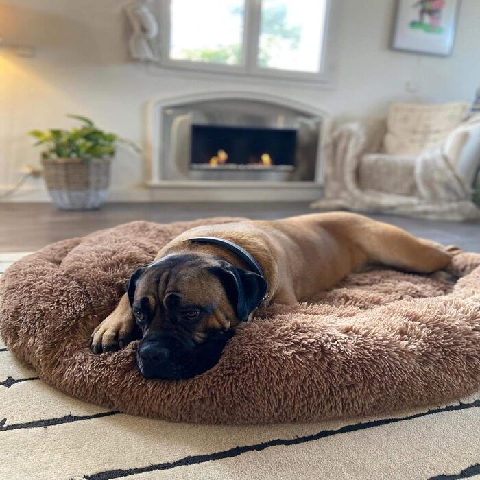 Ортопедичне ліжко для собак XL: кругла м'яка кушетка для великих та середніх собак. Зручне собаче ліжко з Memory Foam, антистрес, коричневе.