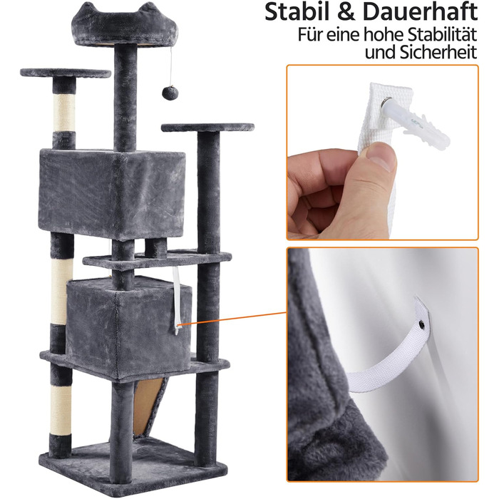Кігтеточка для котів Yaheetech, велика, 178 см, з 3 платформами, 3 стовпчиками, 2 будиночками, м'ячі, сірий колір
