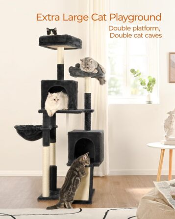 Котячий дряпак FourFurPets 156 см для дому з сизалевою драбиною, двома платформами, двома будиночками, гамаком і плюшевими м’ячиками, димчасто-сірий