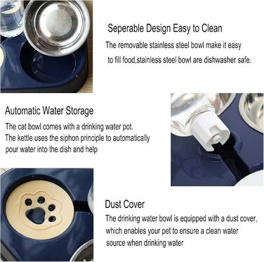 Миска для кота з нержавіючої сталі 3-в-1 з автоматичним дозатором води, подвійна миска для котів та собак маленьких та середніх порід (Блакитна)