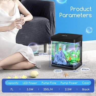 Акваріум Nobleza Nano 7 л з LED-підсвіткою та фільтром, чорний, для тропічних риб