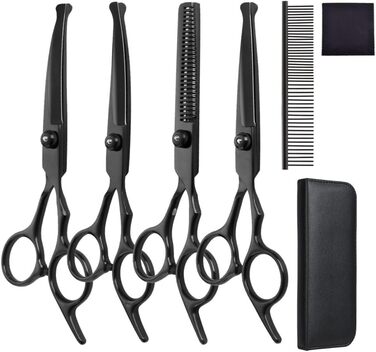 Набір професійних ножиць для собак 6-в-1 з круглим наконечником, чорний нержавіючий сталь, з серветкою для догляду за шерстю собак, котів та інших тварин