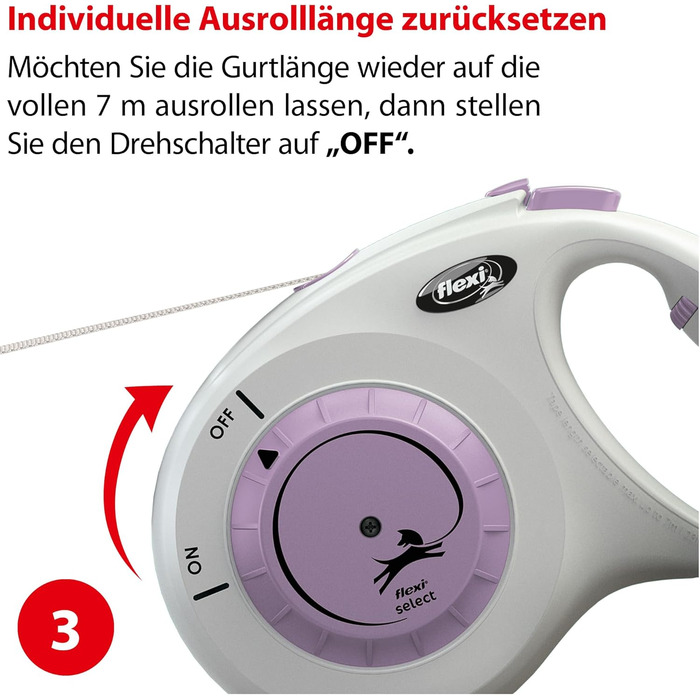Flexi® Select Gurt: рулетка для собак до 25 кг, 7 м, сіро-фіолетовий колір, регулювання 0-7 м