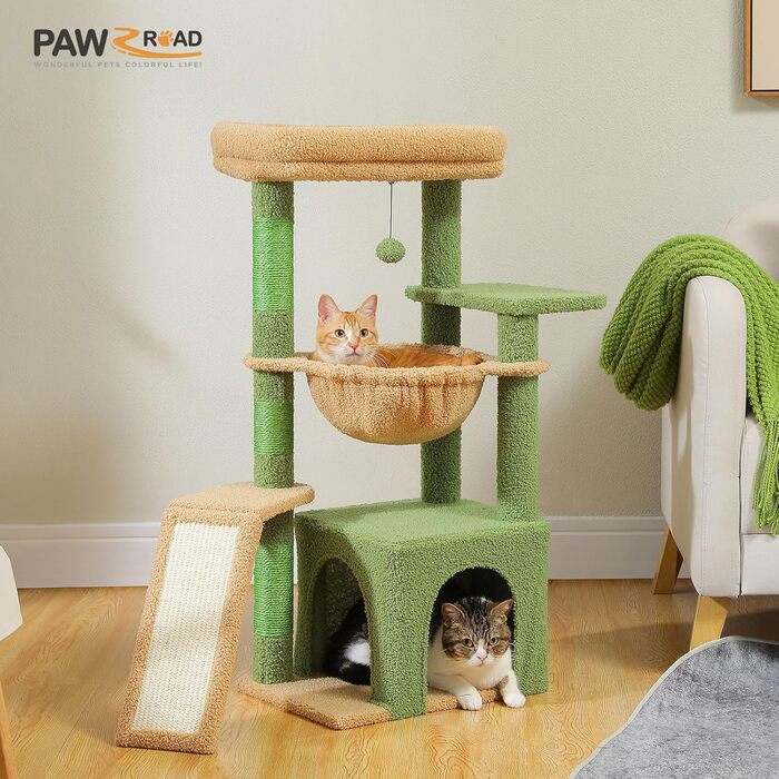 Дерево для котів PAWZ Road Кактус, з великою лежанкою, будиночком, 3 стовпчиками для дряпання та гамаком, 90 см, зелений