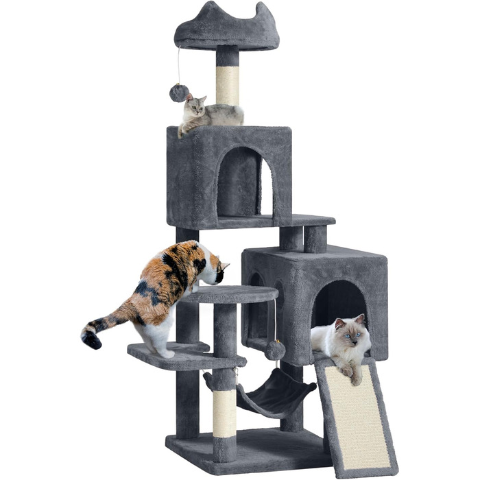 Кігтеточка YITAHOME XXL для котів, 137 см, сіра: 8 стовпів з сизалю, 3 платформи, 2 печери, гамак, іграшки