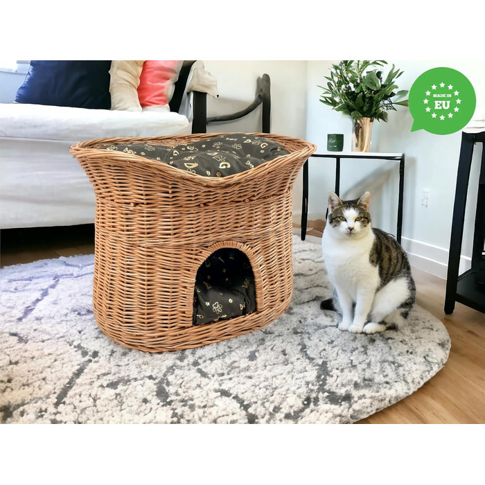 Котячий кошик для сну XL 70 см, двоповерхова хата з лози з подушками, темно-коричневий, натуральний колір, для котів і собак, кімнатний