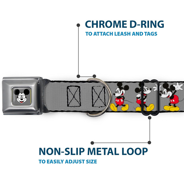 Нашийник для собак Buckle-Down Mickey Mouse з окулярами, сірий, повний колір, ширина 3.8 см, розмір 40-58 см