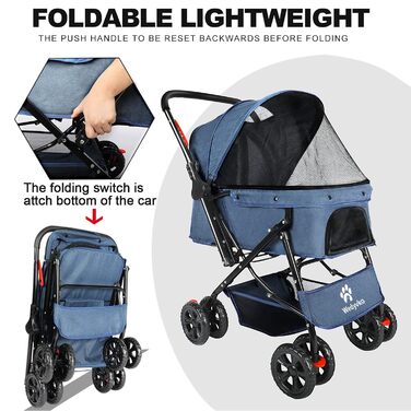 Візок для собак Wedyvko до 20 кг, 4 колеса, складний, для маленьких та середніх собак та котів, з кошиком та тримачем для напоїв, блакитний