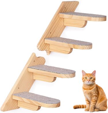 Кігтечка-полиця для котів WandMontierte Katze, дерев'яна, 4 сходинки, з плюшем, для лазіння, сну та ігор