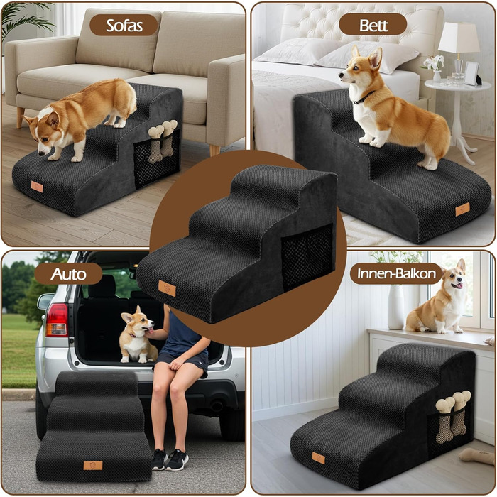 Сходинка для собак Eukue 3 сходинки, для маленьких собак та котів, портативна рампочка для ліжка та дивану, з високощільним шаром піни та чохлом, чорного кольору