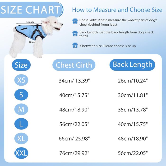 Водонепроникний зимовий одяг для собак Poseca з інтегрованим нашийником, теплий, для маленьких, середніх та великих собак, блакитний
