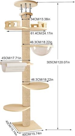Кігтеточка для котів Katzenbaum висотою 3 м, 6 рівнів, з оглядовим майданчиком та гніздом, для великих котів, активний комплекс для дому та саду