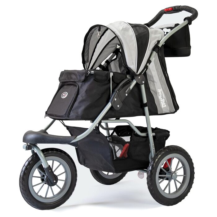 Візок для собак Innopet Comfort EFA Eco чорний/червоний – складний візок для собак/кішок, підходить для лісових стежок та пляжу, з великими колесами 30 см, вантажопідйомність 25 кг, 2 повідки всередині (Чорний Сріблястий)