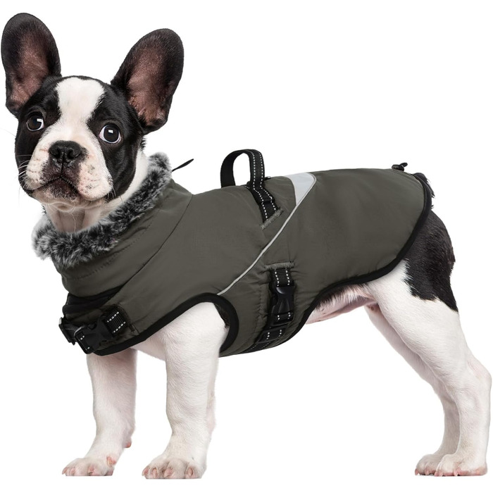 Водонепроникний собачий дощовик LIANZIMAU з шлейкою. Зимовий теплий дощовик-пуловер для собак з флісовою підкладкою та світловідбиваючими елементами. Підходить для маленьких, середніх та великих собак. Колір: сіро-зелений.