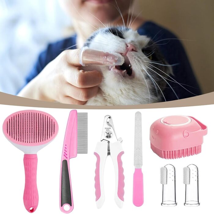 Набір для догляду за шерстю котів та собак: щітка, триммер для нігтів, гребінець від бліх, 2 зубні щітки (рожевий)