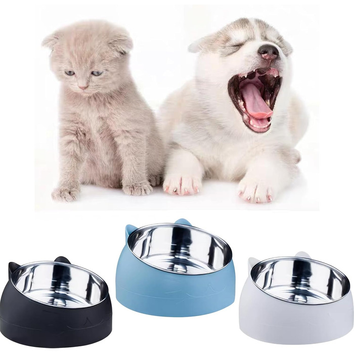 Набір мисок для котів з нержавіючої сталі, 3 шт., 15° нахил, 400 мл, для корму та води, знімні миски для котів та собак