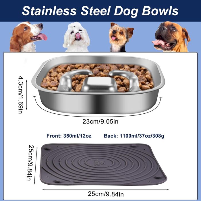 Антишвидковідхарчувальний напувалка для собак, нержавіюча сталь, Slow Feeder, з антиковзним силіконовим килимком, миска для корму для собак великих та малих порід, котів