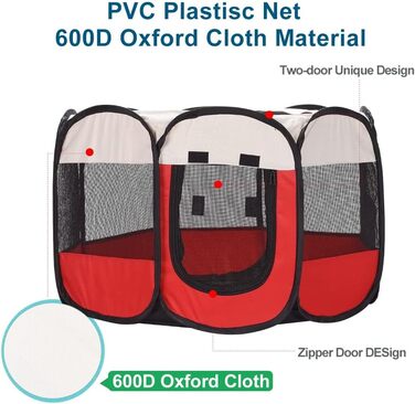 Клітка-манеж для тварин XhuangTech: собаки, коти, цуценята, 80x80x58.4 см, м'який матеріал, портативна, складна, для дому та вулиці, бежево-червона