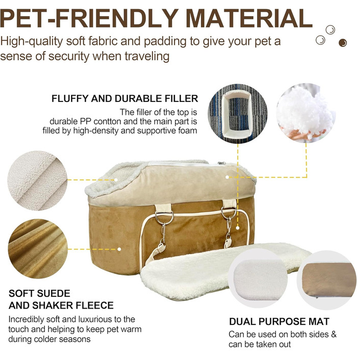 Автокрісло для собак, підходить для маленьких собак до 13,6 кг, з підголівником та безпечним ременем, коричневе, з кишеньками для зберігання