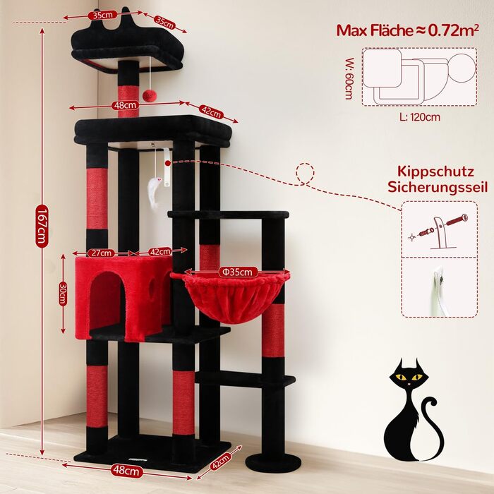 Дерев'яний комплекс для котів Globlazer з висотою 167 см, широкою платформою, будиночком, кошиком та іграшками. Стабільний, підходить для 2-4 котів. Чорний/червоний (F65B)
