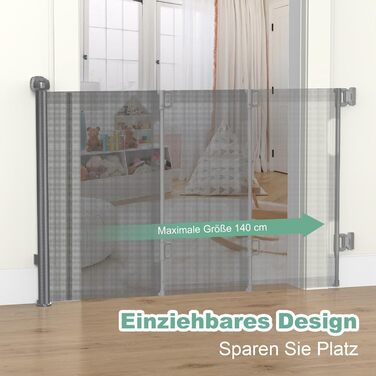 Захист для сходів з замком, висувний захист для дітей та собак, 150 см ширина, 83 см висота, автоматичне блокування (140см, сірий)