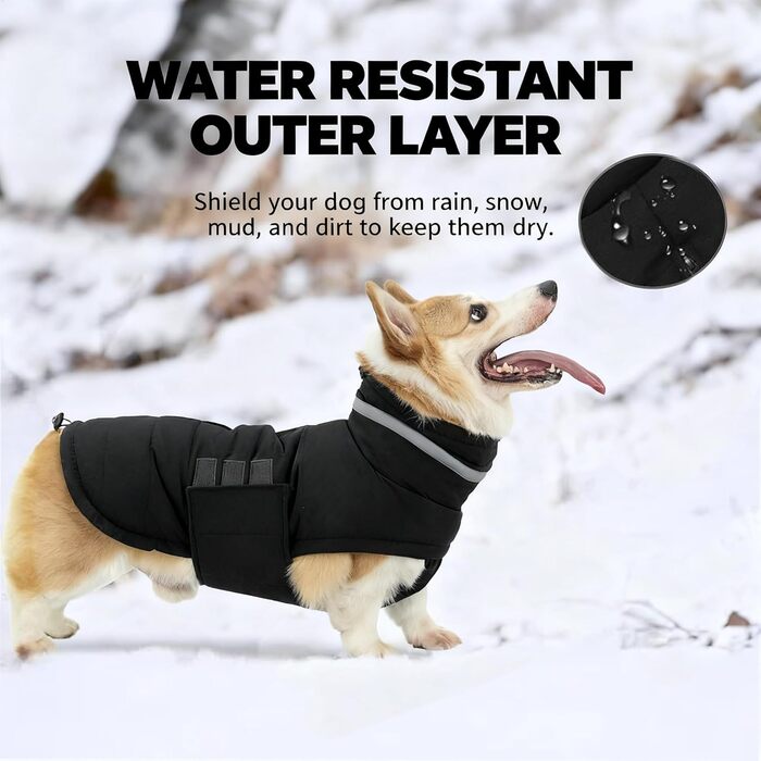 Водонепроникний зимовий одяг для собак, теплий вітрозахисний одяг з відбиваючими елементами та регульованим коміром, для маленьких собак, з липучкою, розмір S (Чорний, Середній)