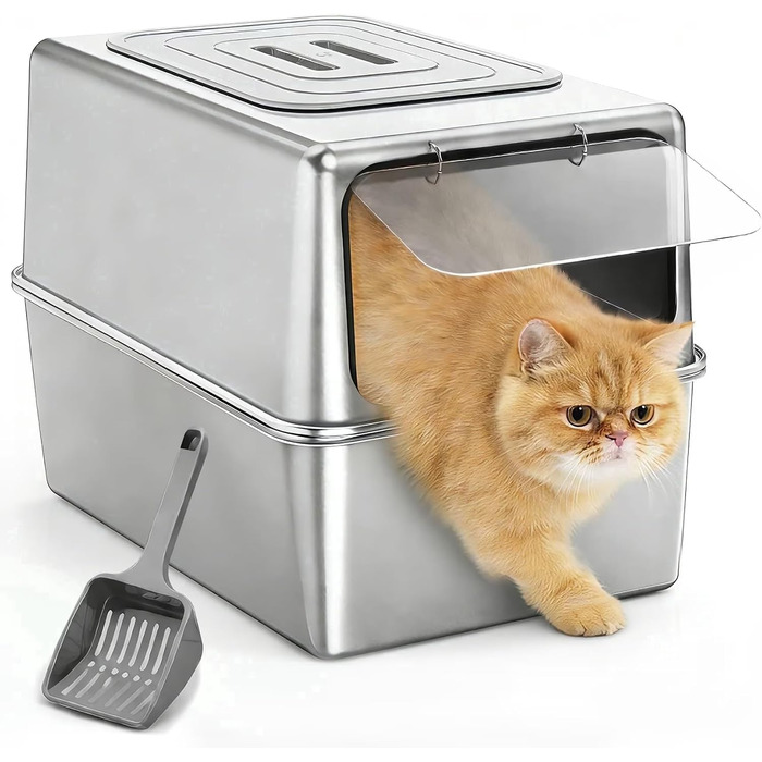 Сталевий лоток для великих котів Zarler XL з кришкою, 58x37x26 см, з високими бортами від розбризкування наповнювача, сріблястий