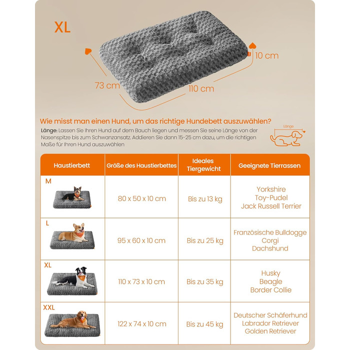 Ліжко для собак Feandrea XL, м'яке килим-матрас для великих собак, 110 x 73 см, сірий, PGW293GN01