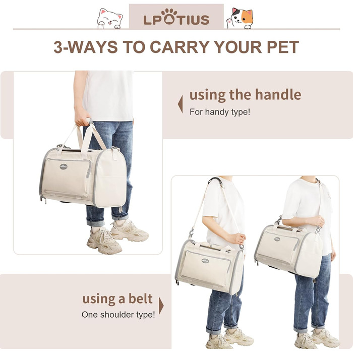 Транспортна сумка для котів та собак, дихаюча та складана переноска з регульованим плечовим ременем (Бежева)