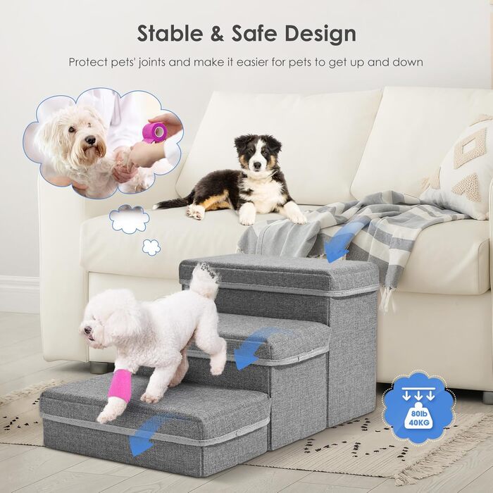 Сходинки для собак маленьких порід, 3 сходинки, складана, для котів та собак, з ящиками для зберігання, підійде для дивану та ліжка