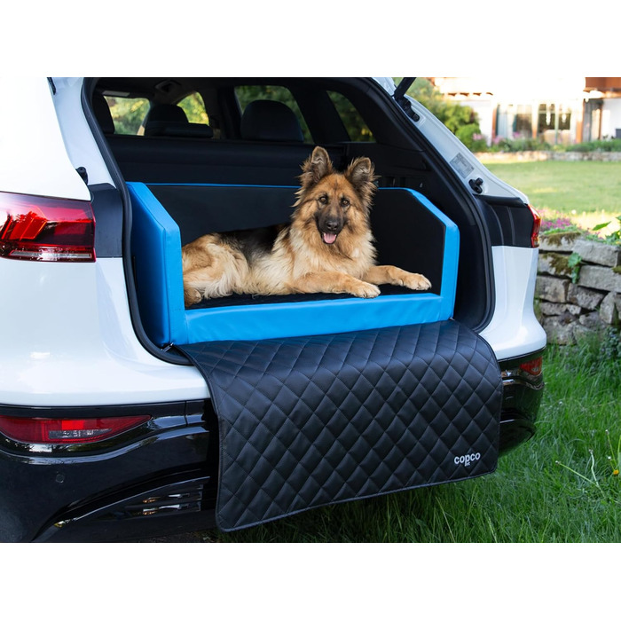 Лежанка для собак у багажник CopcoPet: 70x55x38 см, штучна шкіра, захист багажника, водовідштовхувальна, стійка до подряпин, з захисним покриттям, антиковзаюча, міцна, для подорожей (Блакитний/Сірий, 100x70 см з системою ременів)