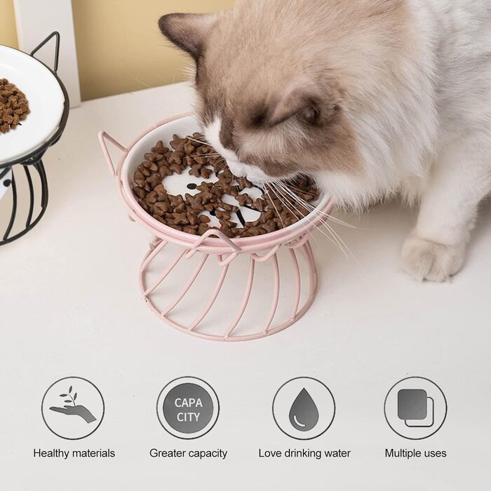 Керамічна миска для котів з металевим підставкою, піднята миска для котів Anti-Erbrechen, плоска керамічна миска для корму та води для котів та маленьких собак (Чорний)